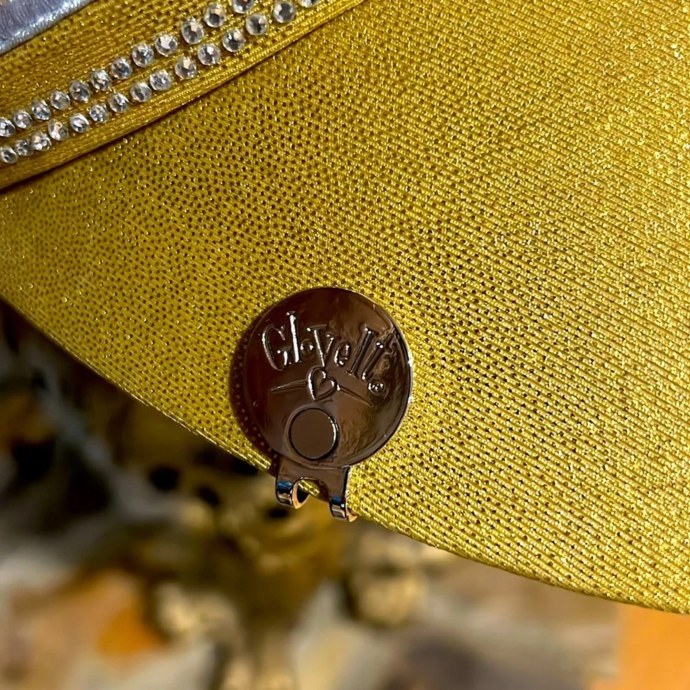 Gloveit, Gold Visor with Rhinestones Metal Emblem on the side with magnet. NWOT